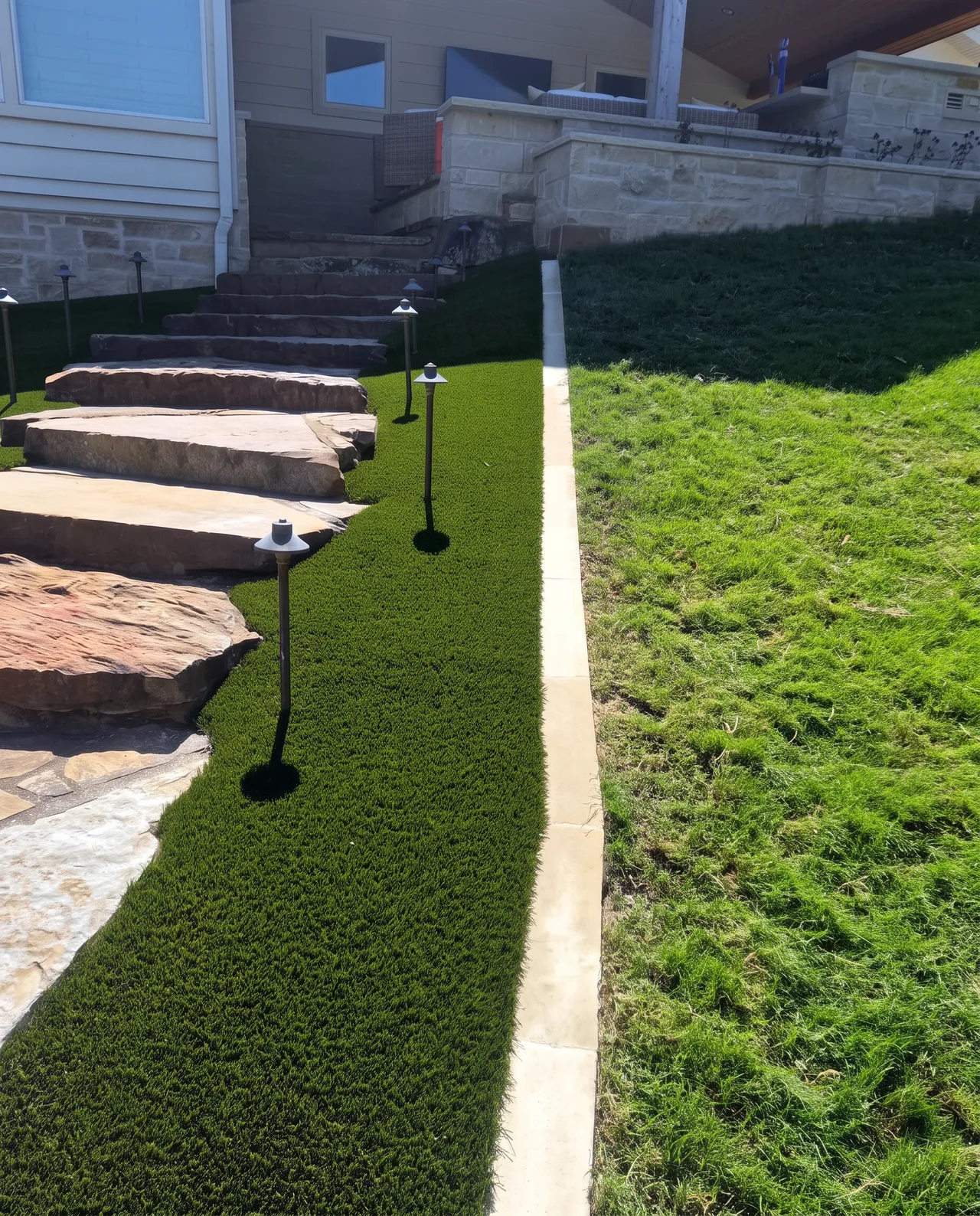 Turf Being Set Along Stone Steps — In Progress — Grand Lake, OK