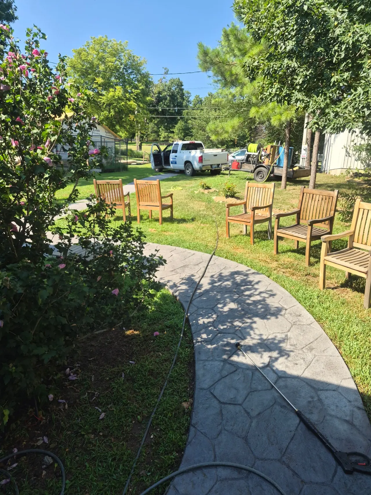 Lakefront Teak Furniture Refinishing — Weathered patio set ready for restoration.