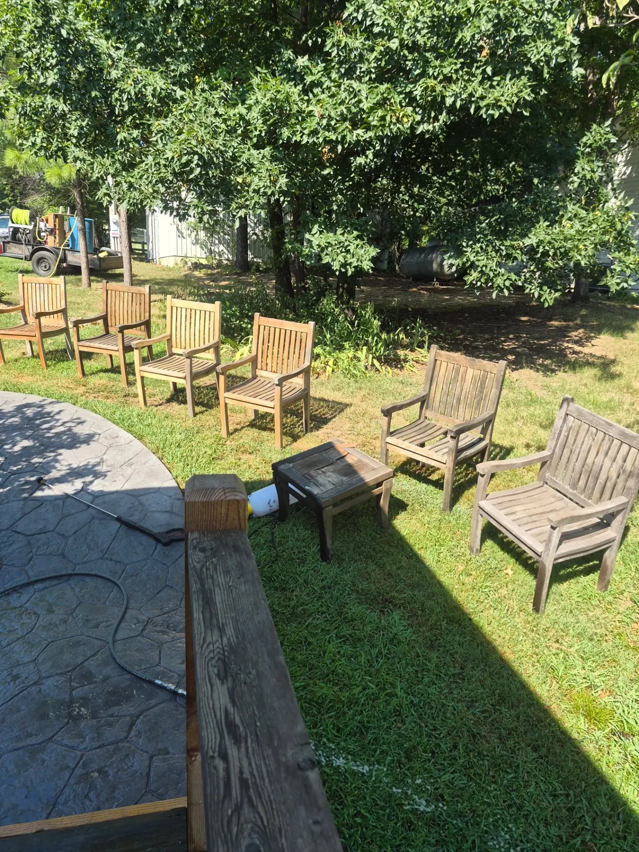 Lakefront Teak Furniture Refinishing — Teak chair set grayed from sun exposure.