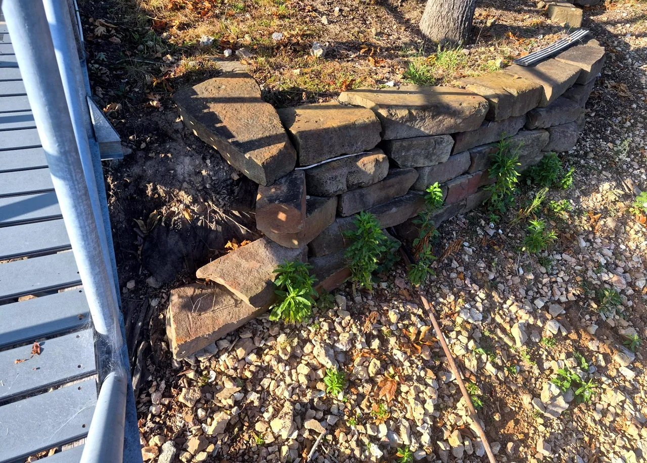 Failing Stacked-Stone Wall by the Deck — Before — Grand Lake, OK